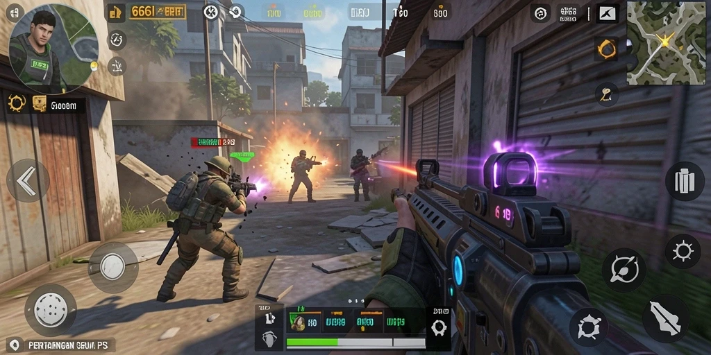 Menampilkan gameplay intens dalam pertarungan TPS yang mendebarkan.