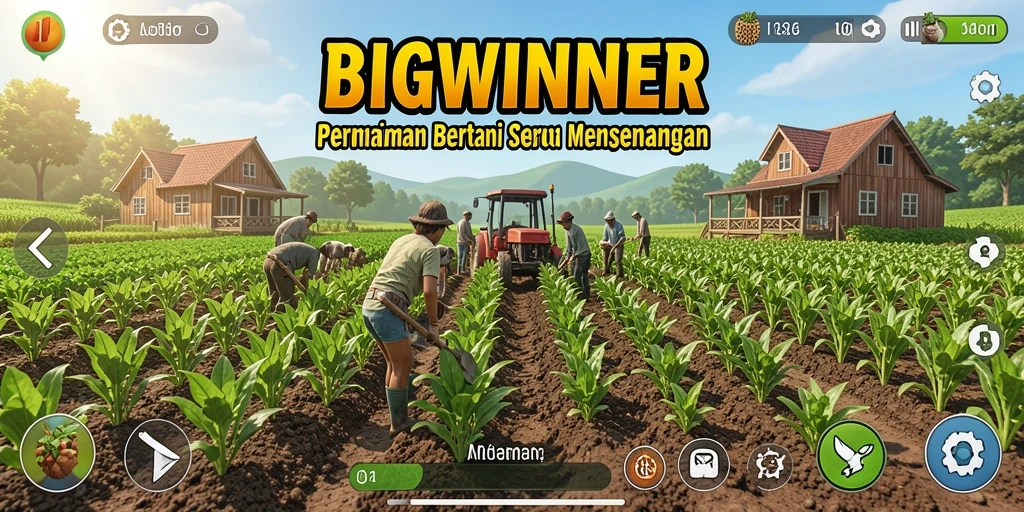 Tangkapan layar menampilkan gameplay bertani di BIGWINNER yang ceria dan interaktif.