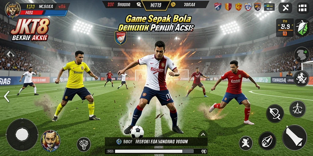Tampilan gameplay JKT8 menampilkan aksi seru di lapangan sepak bola.